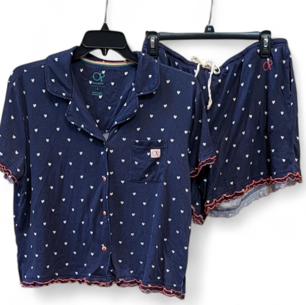 OP, Ocean Pacific, Blue Heart Print Pajama Short Set. Large - Picture 1 of 11